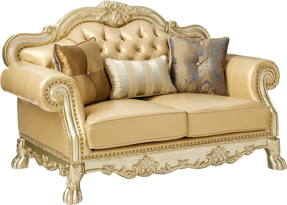64" Bone And Gold Faux Leather Loveseat and Toss Pillows HomeRoots