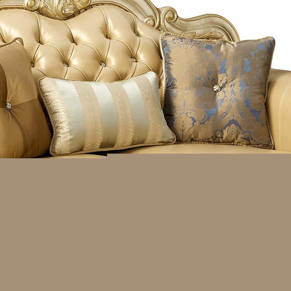 64" Bone And Gold Faux Leather Loveseat and Toss Pillows HomeRoots