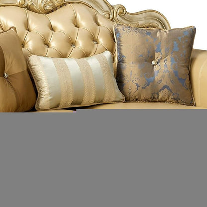 64" Bone And Gold Faux Leather Loveseat and Toss Pillows HomeRoots