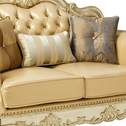 64" Bone And Gold Faux Leather Loveseat and Toss Pillows HomeRoots