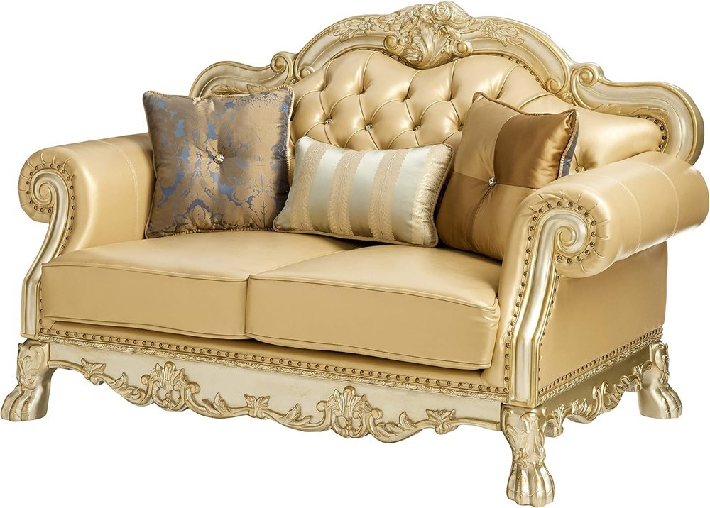 64" Bone And Gold Faux Leather Loveseat and Toss Pillows HomeRoots