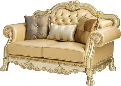 64" Bone And Gold Faux Leather Loveseat and Toss Pillows HomeRoots