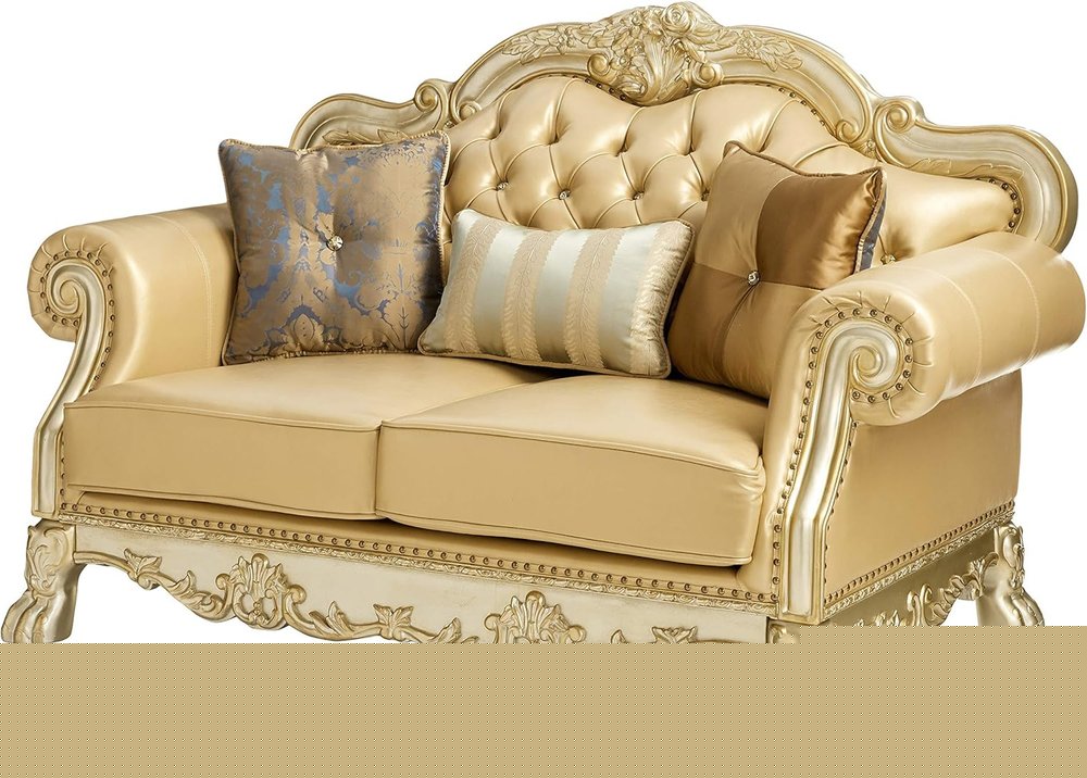 64" Bone And Gold Faux Leather Loveseat and Toss Pillows HomeRoots