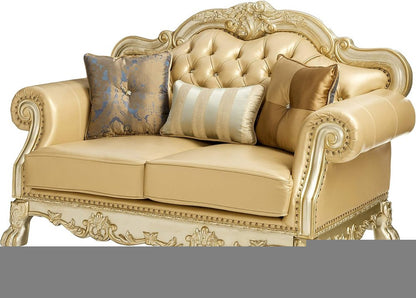 64" Bone And Gold Faux Leather Loveseat and Toss Pillows HomeRoots