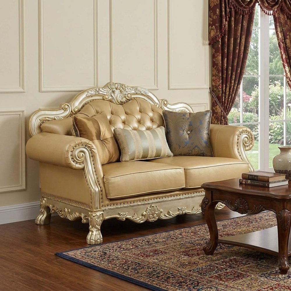 64" Bone And Gold Faux Leather Loveseat and Toss Pillows HomeRoots
