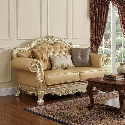 64" Bone And Gold Faux Leather Loveseat and Toss Pillows HomeRoots