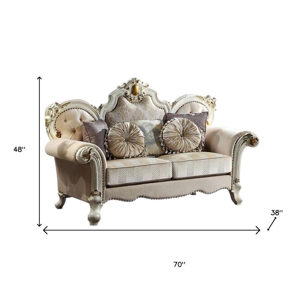 70" Gold And Pearl Velvet Loveseat and Toss Pillows HomeRoots