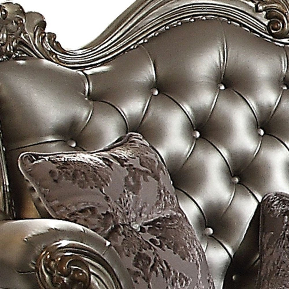 70" Silver And Platinum Faux Leather Loveseat and Toss Pillows HomeRoots