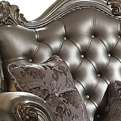 70" Silver And Platinum Faux Leather Loveseat and Toss Pillows HomeRoots