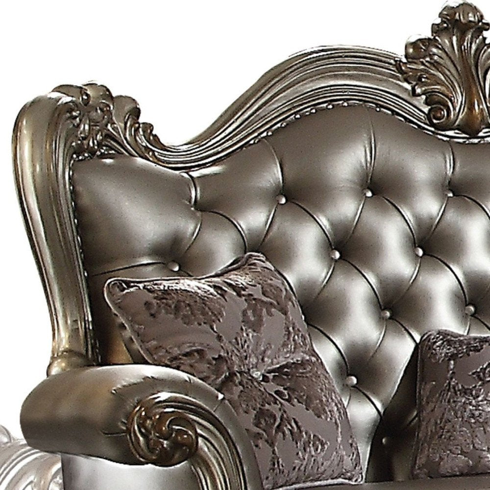 70" Silver And Platinum Faux Leather Loveseat and Toss Pillows HomeRoots