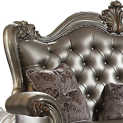 70" Silver And Platinum Faux Leather Loveseat and Toss Pillows HomeRoots