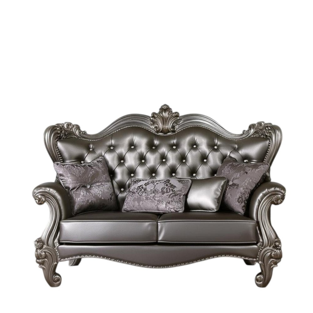 70" Silver And Platinum Faux Leather Loveseat and Toss Pillows HomeRoots