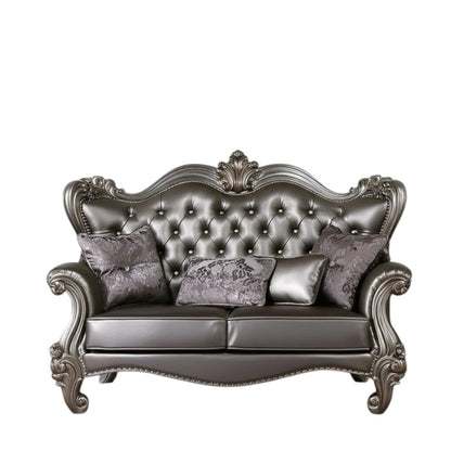 70" Silver And Platinum Faux Leather Loveseat and Toss Pillows HomeRoots