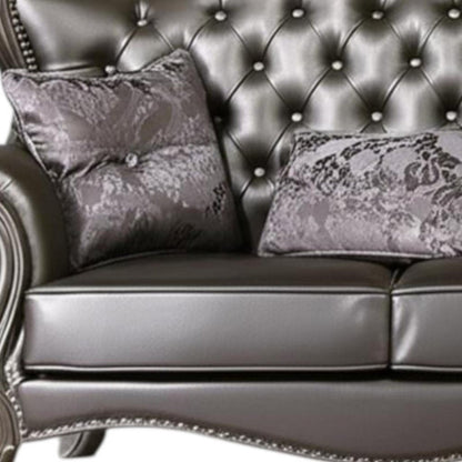 70" Silver And Platinum Faux Leather Loveseat and Toss Pillows HomeRoots