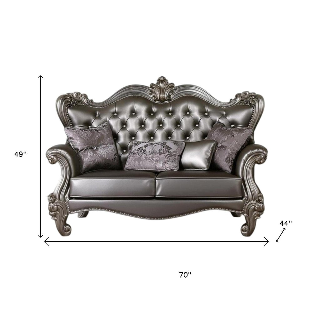 70" Silver And Platinum Faux Leather Loveseat and Toss Pillows HomeRoots