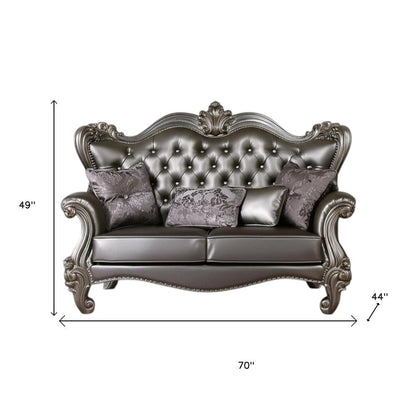 70" Silver And Platinum Faux Leather Loveseat and Toss Pillows HomeRoots