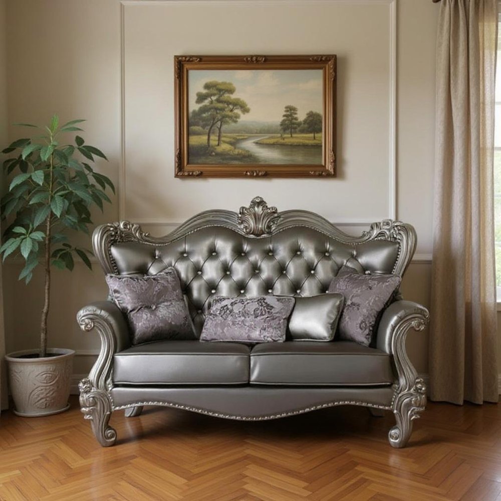 70" Silver And Platinum Faux Leather Loveseat and Toss Pillows HomeRoots