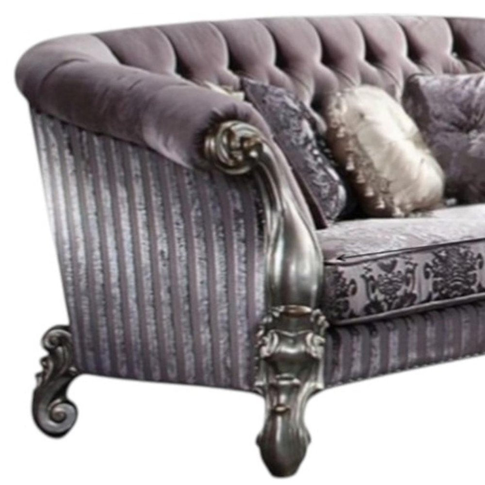 76" Purple And Platinum Velvet Loveseat and Toss Pillows HomeRoots