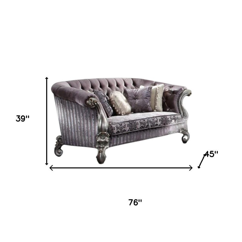 76" Purple And Platinum Velvet Loveseat and Toss Pillows HomeRoots