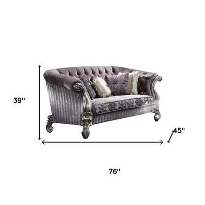 76" Purple And Platinum Velvet Loveseat and Toss Pillows HomeRoots