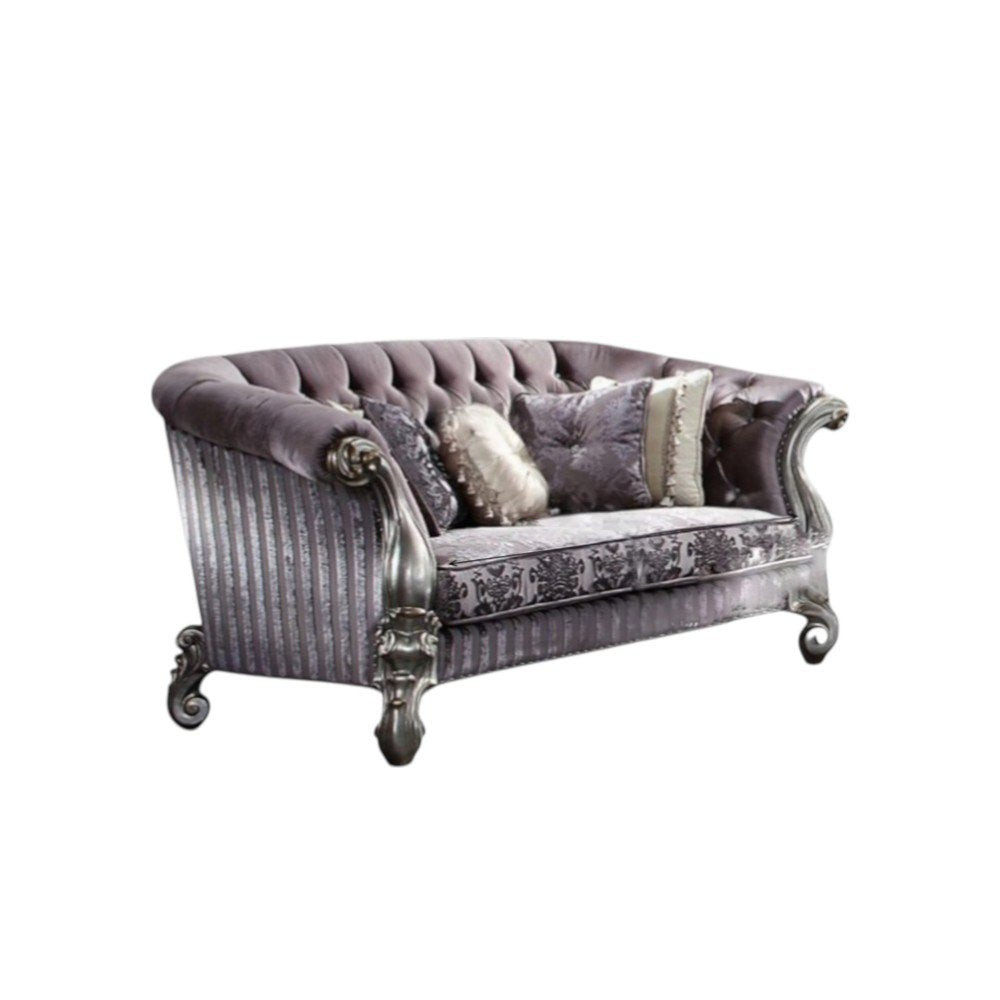 76" Purple And Platinum Velvet Loveseat and Toss Pillows HomeRoots