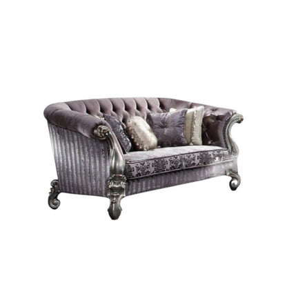 76" Purple And Platinum Velvet Loveseat and Toss Pillows HomeRoots