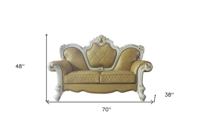 70" Golden Yellow And Pearl Faux Leather Loveseat and Toss Pillows HomeRoots