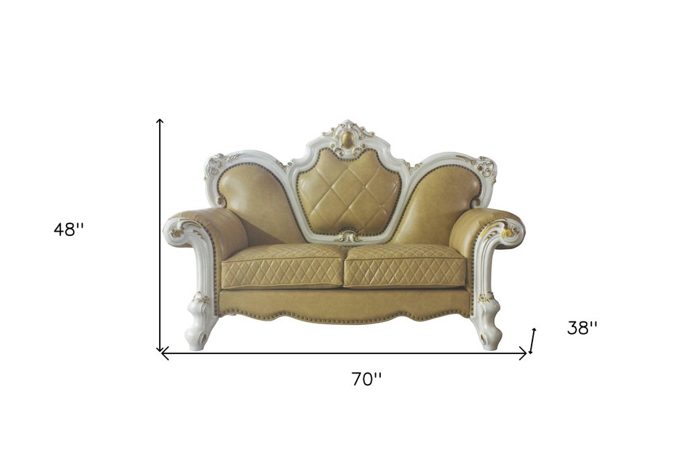 70" Golden Yellow And Pearl Faux Leather Loveseat and Toss Pillows HomeRoots