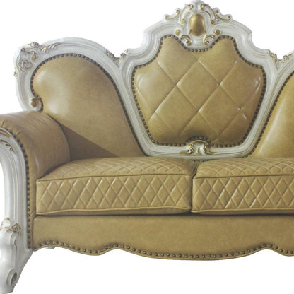 70" Golden Yellow And Pearl Faux Leather Loveseat and Toss Pillows HomeRoots