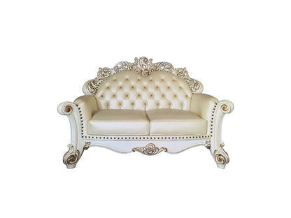 70" Champagne And Pearl Faux Leather Loveseat and Toss Pillows