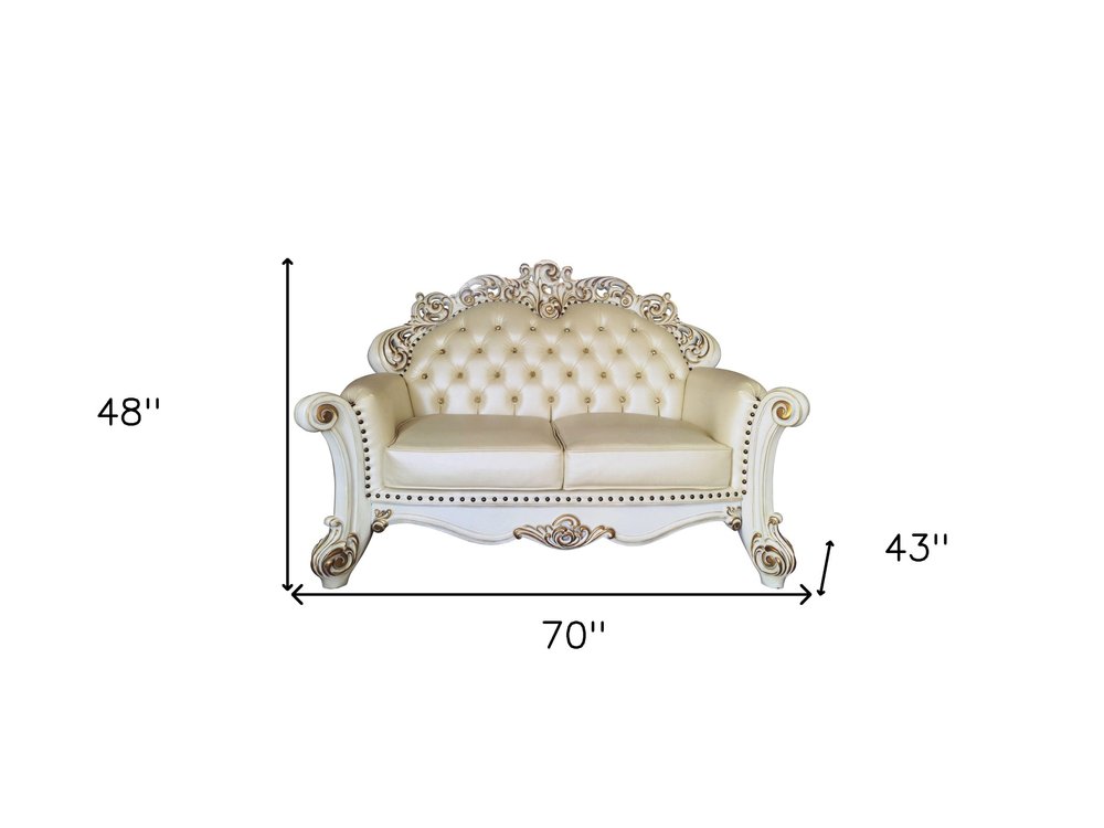 70" Champagne And Pearl Faux Leather Loveseat and Toss Pillows HomeRoots