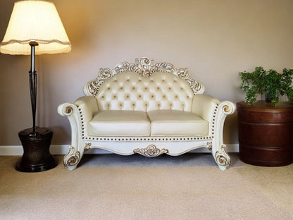 70" Champagne And Pearl Faux Leather Loveseat and Toss Pillows HomeRoots