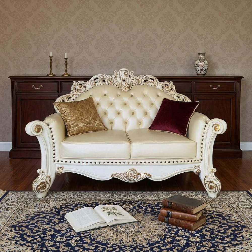 70" Champagne And Pearl Faux Leather Loveseat and Toss Pillows HomeRoots