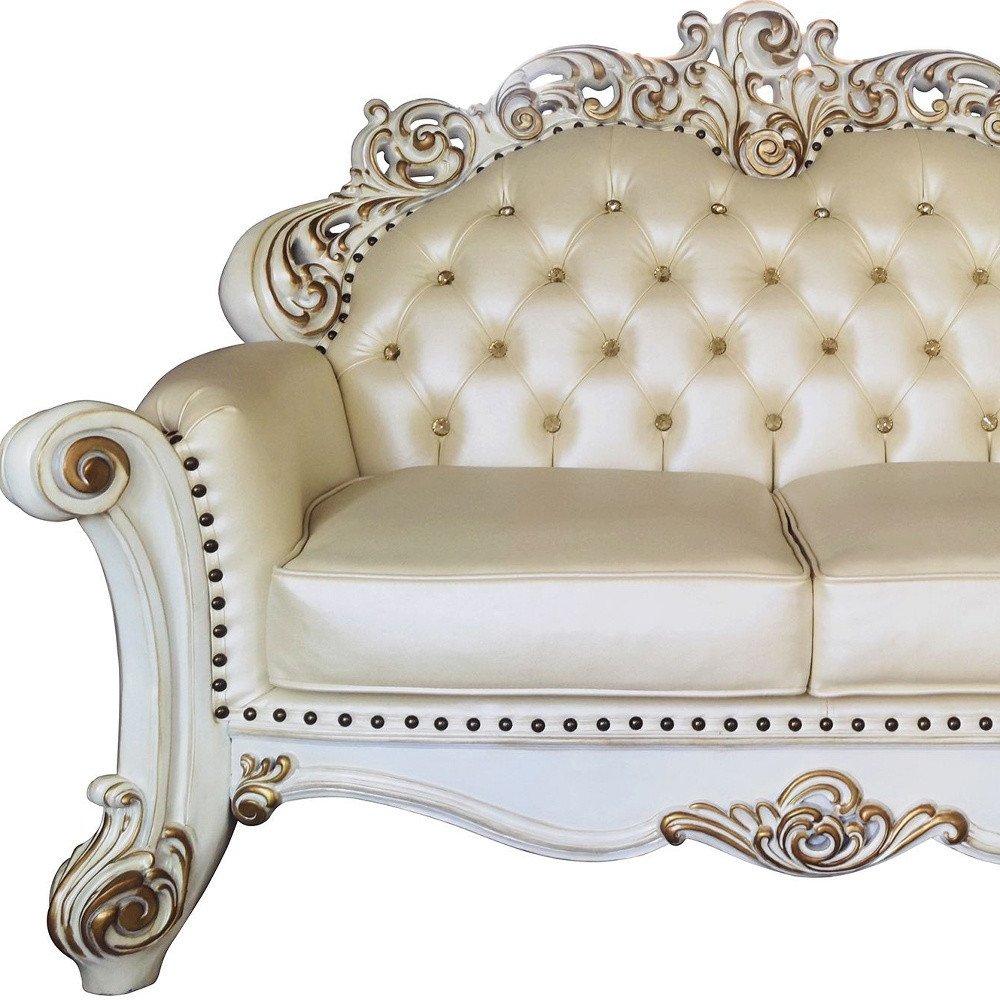 70" Champagne And Pearl Faux Leather Loveseat and Toss Pillows HomeRoots
