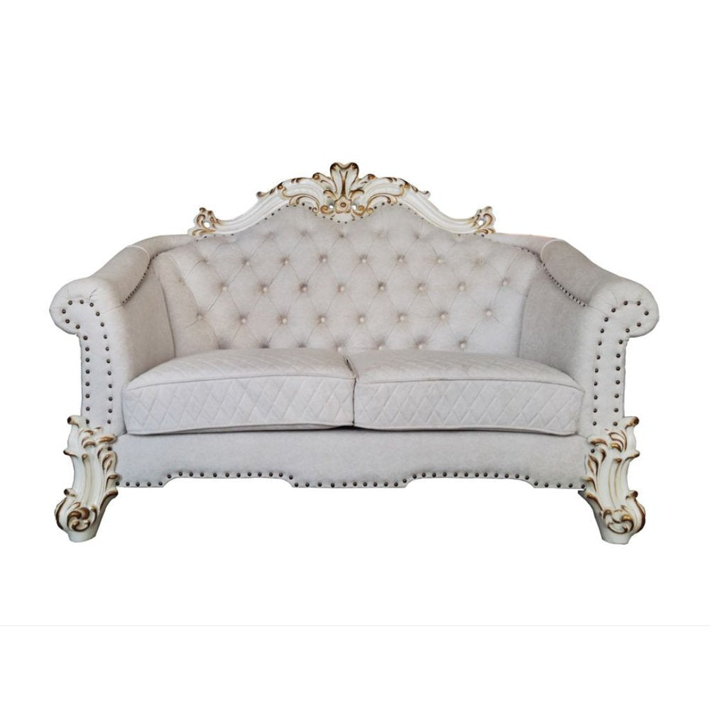 66" Two Tone Ivory And Pearl Velvet Loveseat and Toss Pillows HomeRoots