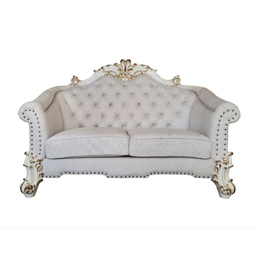 66" Two Tone Ivory And Pearl Velvet Loveseat and Toss Pillows HomeRoots