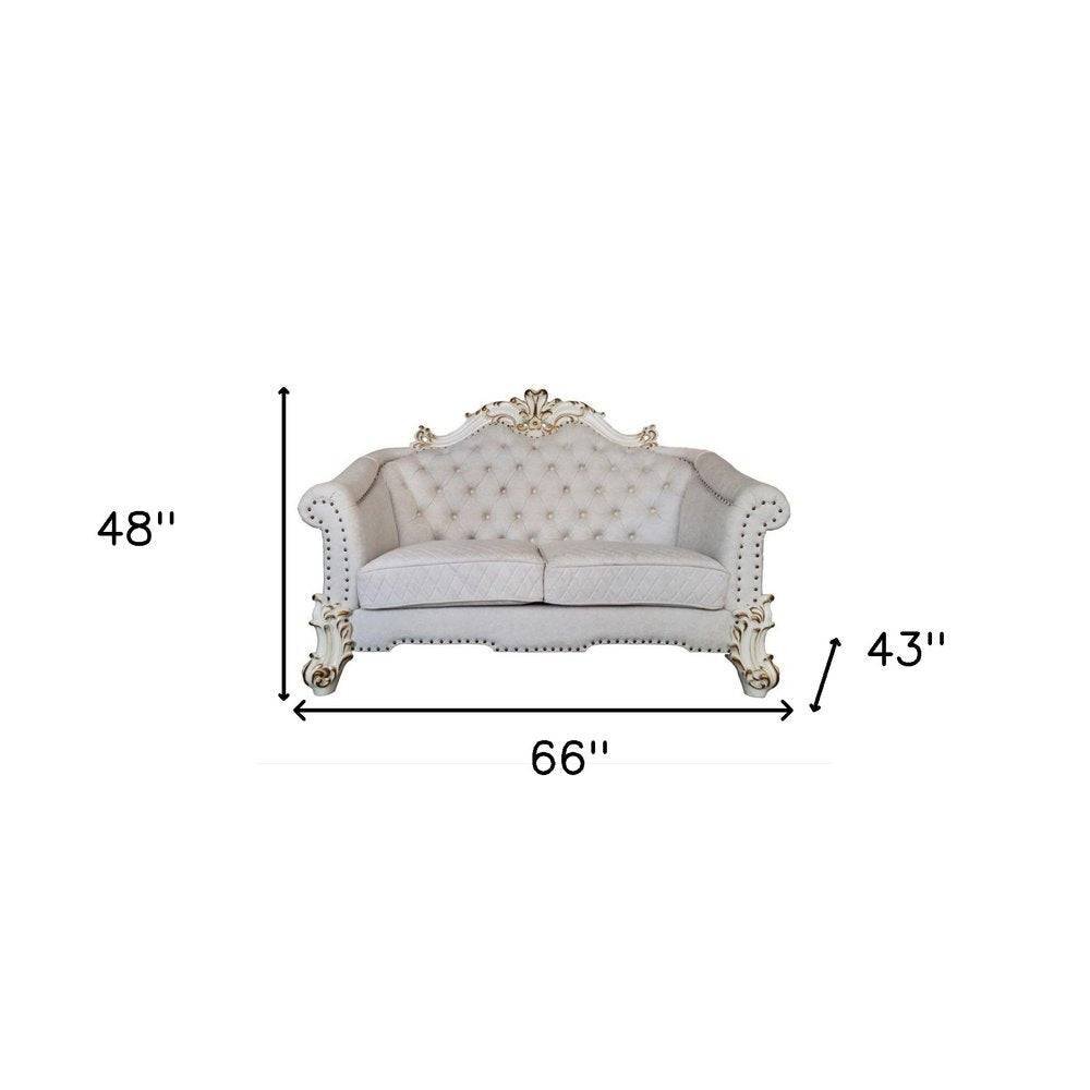 66" Two Tone Ivory And Pearl Velvet Loveseat and Toss Pillows HomeRoots