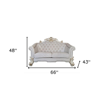 66" Two Tone Ivory And Pearl Velvet Loveseat and Toss Pillows HomeRoots