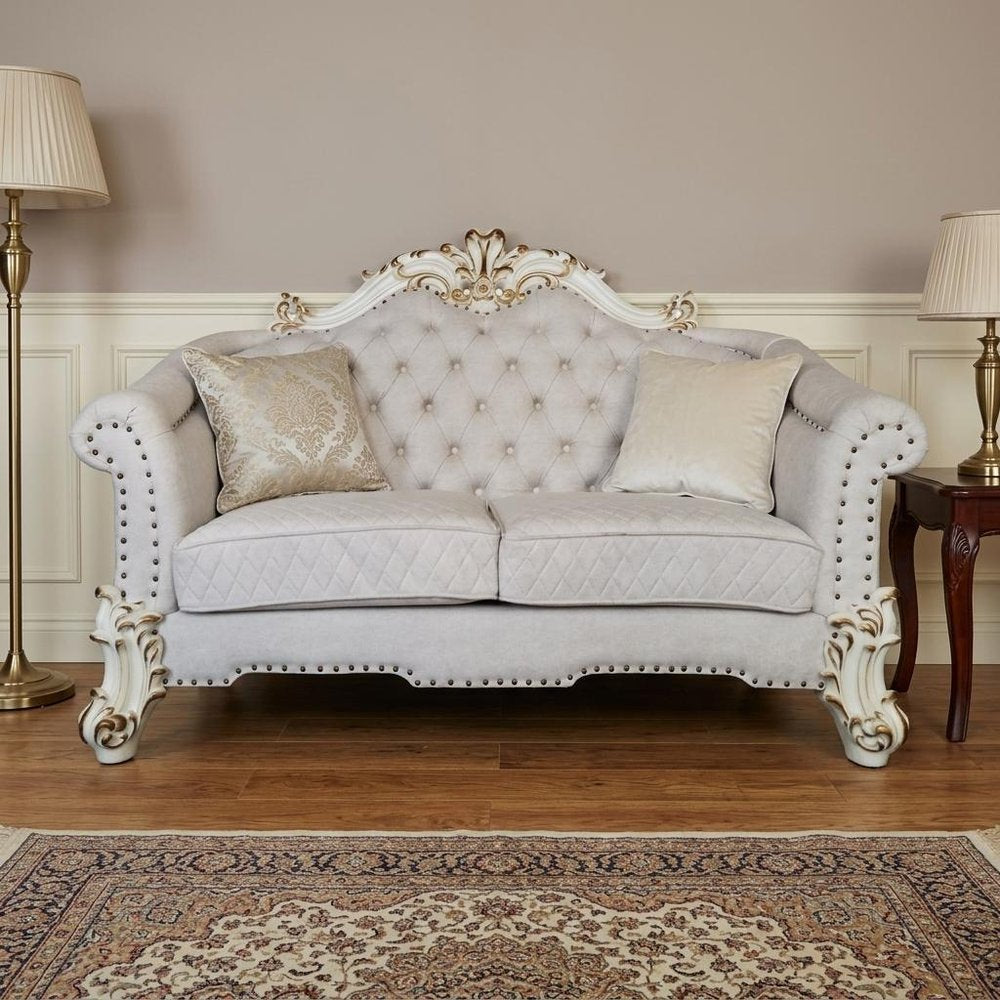 66" Two Tone Ivory And Pearl Velvet Loveseat and Toss Pillows HomeRoots