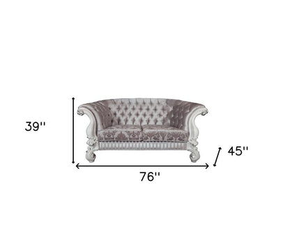 76" Ivory And Off White Velvet Loveseat and Toss Pillows HomeRoots