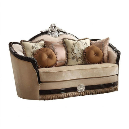 75" Tan Velvet Curved Loveseat and Toss Pillows HomeRoots