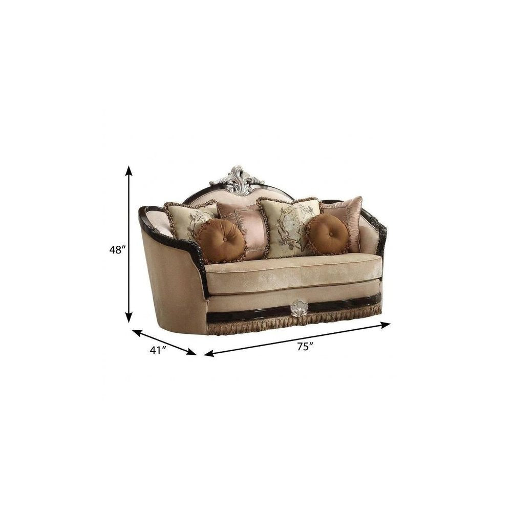 75" Tan Velvet Curved Loveseat and Toss Pillows HomeRoots