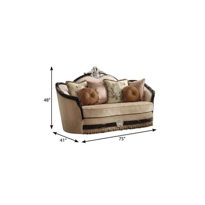75" Tan Velvet Curved Loveseat and Toss Pillows HomeRoots