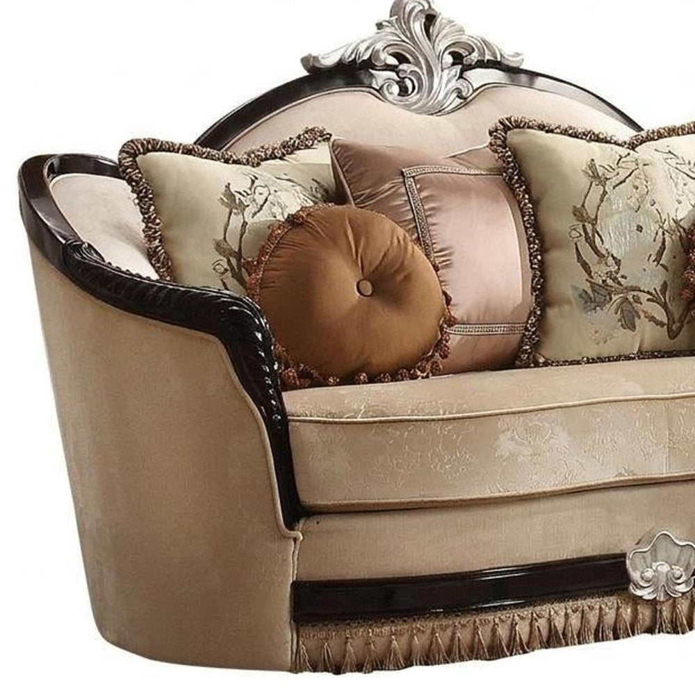 75" Tan Velvet Curved Loveseat and Toss Pillows HomeRoots
