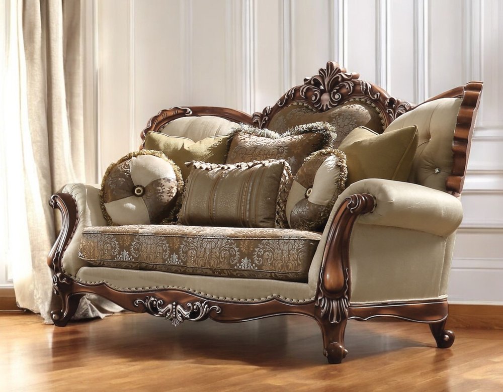 74" Tan And Brown Velvet Damask Curved Loveseat and Toss Pillows HomeRoots