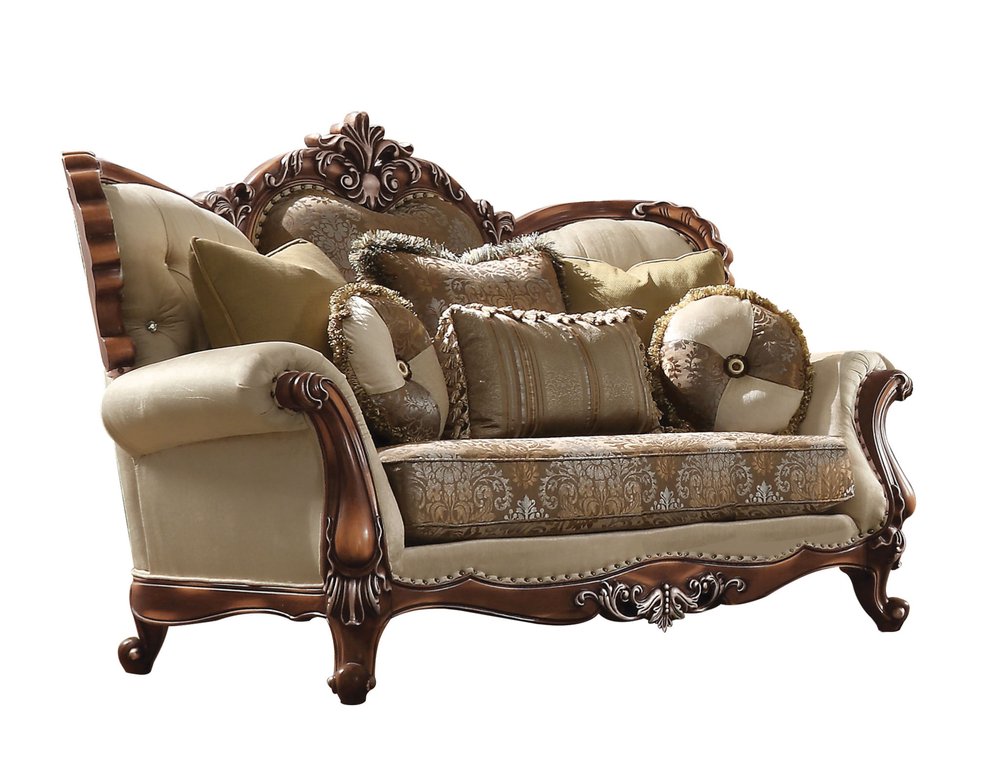 74" Tan And Brown Velvet Damask Curved Loveseat and Toss Pillows HomeRoots