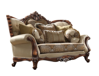 74" Tan And Brown Velvet Damask Curved Loveseat and Toss Pillows HomeRoots