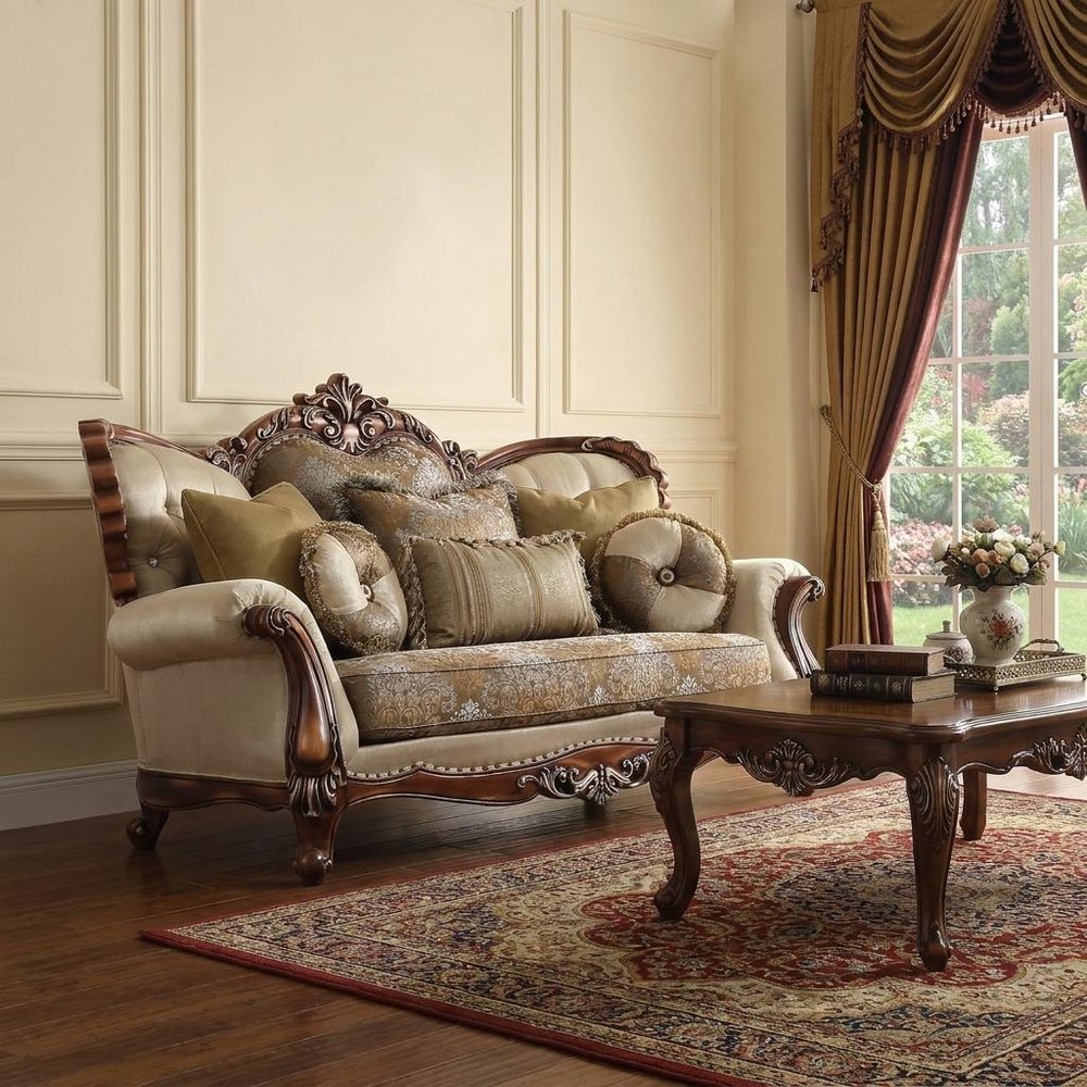 74" Tan And Brown Velvet Damask Curved Loveseat and Toss Pillows HomeRoots