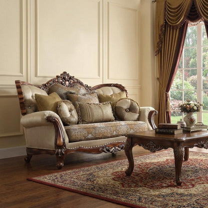 74" Tan And Brown Velvet Damask Curved Loveseat and Toss Pillows HomeRoots