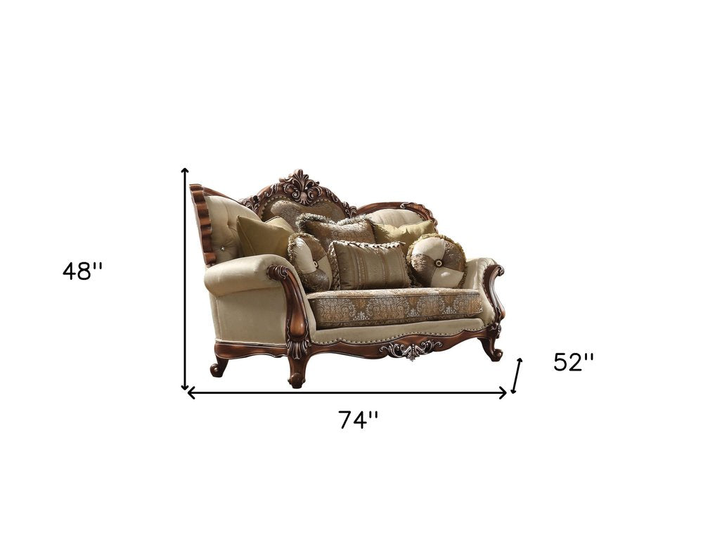 74" Tan And Brown Velvet Damask Curved Loveseat and Toss Pillows HomeRoots